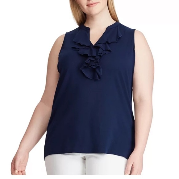 NWT Lane Bryant size 26/28 navy sleeveless v-neck tunic Jersey with ruffles - Picture 1 of 9
